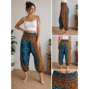 Lofbaz Harem Pants Women L Boho Paisley Floral Teal Orange Smocked Waist